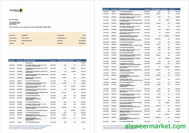 Nigeria First Bank account statement Word and PDF template, 2 pages